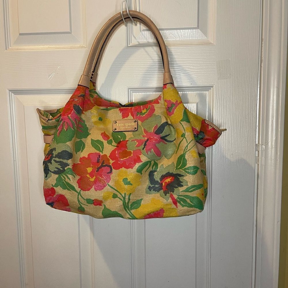 Kate Spade Burlap painted floral prints shoulder bag tan leather straps &trims